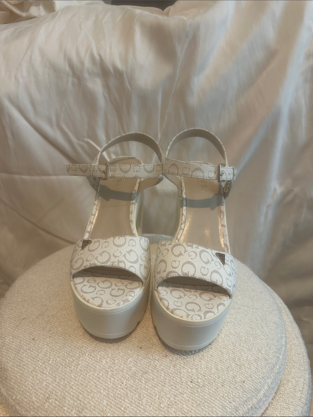 White Guess Patterned Platform Sandals with Ankle Strap
